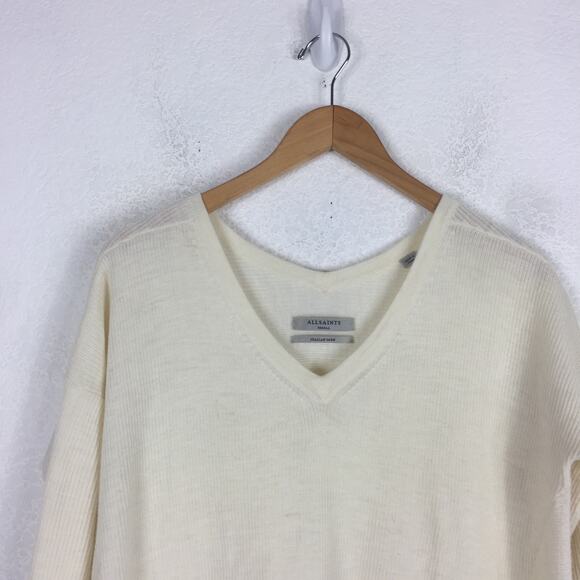 Allsaints Kelsey Cream V-neck Knit Top Lightweight Small Italian Yarn Minimalist - Picture 4 of 14
